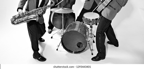 Jazz band players on white. Vintage music background