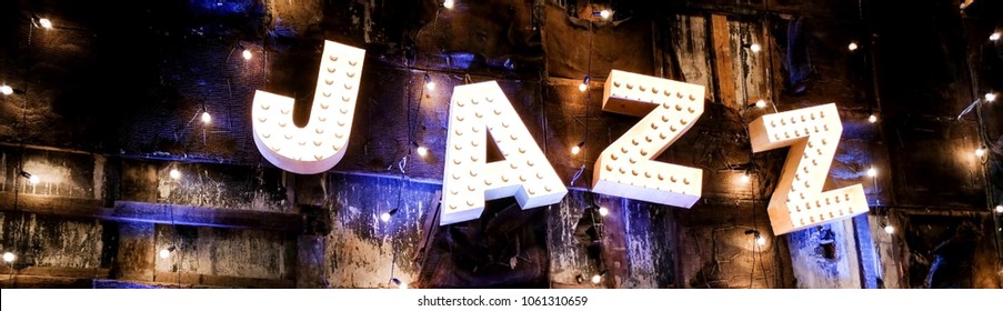 Jazz Letters Word With Glowing Light Retro Bulbs Music Concert Stage Night Lighting Decor Wall Dark  Long Banner