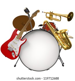 Jazz Montage Consisting Of A Drum Kit, Electric Guitar, Microphone, Saxophone And Trumpet On A White Background