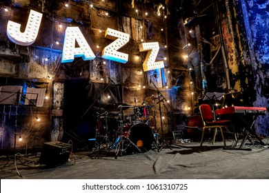 Jazz Music Concert Stage Night Light Decoration Beautiful Vintage  Gloving Bulbs Lights Letters Musical Instruments Music Notes Red Piano Objects Darkness Old Interior Wall