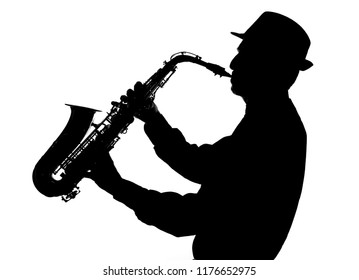 Jazz Saxophonist Silhouette On White