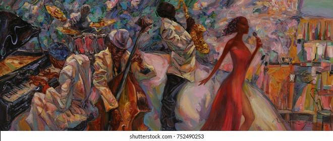  jazz singer, jazz club, jazz band,oil painting, artist Roman Nogin, series "Sounds of Jazz."looking for partnerships with artdillers - contact facebook