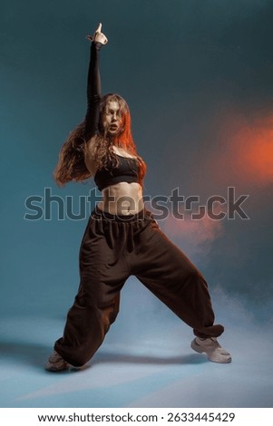 Jazz-funk dancer in fierce pose with dramatic lighting and smoke, radiating power, rhythm, and urban style.