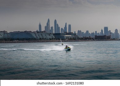 JBR / Dubai / UAE / 12-08-2019: Jetski Tour Passing Near The Palm Jumeirah In The Winter