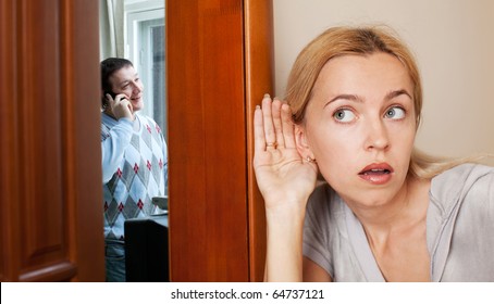 Jealous Wife, Overhearing A Phone Conversation Her Husband