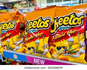 Jean, CA - June 19, 2021: Closeup Of Cheetos Puffs Corn Chips On A Shelf Indoors. 