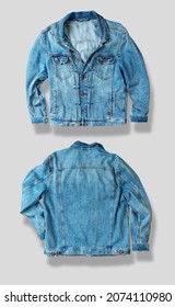 Jean Jacket Isolated On White. Front And Back Views. Ready For Clipping Path. Vertical Composition.