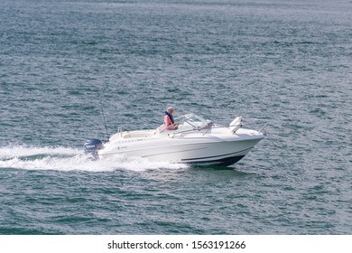 Jeanneau Leader 625: Plymouth Devon UK September 17th 2019: White Speedboat Motorboat Designed For Speed, Sun Bathing, Water Skiing And Occasional Fishing Put Through Its Paces In Plymouth Sound