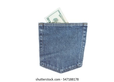 Jean's Back Pocket With A Twenty Dollar Bill Inside Isolated On White