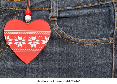 Jeans Background With Wooden Heart. Texture Valentine's Day.