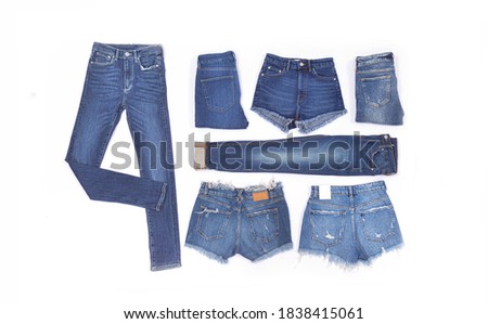 Jeans clothing collection with denim jeans, shorts

