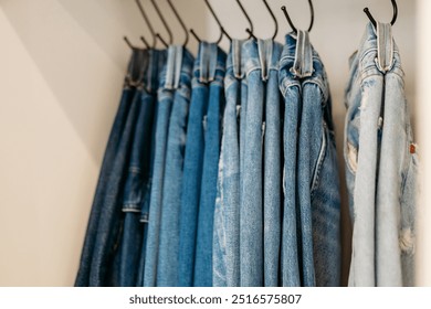 Jeans hanging on hooks organized in closet