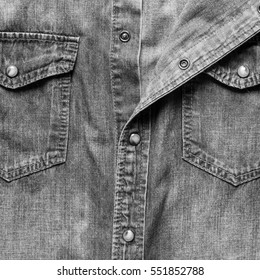 Jeans Jacket Front, Denim Blue Jeans Shirt, Two Side Pockets As Background, Black And White