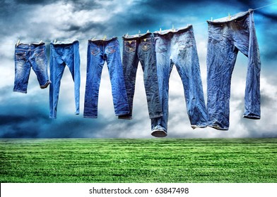 Jeans On A Clothesline To Dry