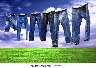 Jeans On A Clothesline To Dry