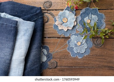 Jeans Ready To Upcycle And Old Jeans Flowers Decoration Of The Box.