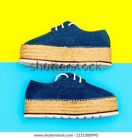 Jeans shoes on a platform. Stylish summer trend