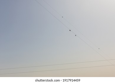 Jebel Jais Flight, The Longest Zipline In The World, People In Harnesses Sliding Down The Zip Line Against Blue Sky, View From Below.