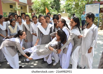 Jecobpura Government Girls School Students Celebrating Result Of Haryana Education Board Exam. Gurugram, Haryana, India. May 21, 2018.