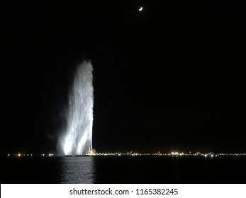 Jeddah Fountain At Night With Moon