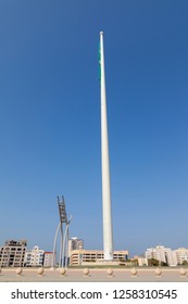 Jeddah, Saudi Arabia -12 December 2018 Saudi Arabia Big National Flag Waving In The Jeddah Flagpole Is A Flagpole In King Abdullah Square In Jeddah, Saudi Arabia