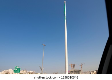 Jeddah, Saudi Arabia -12 December 2018 Saudi Arabia Big National Flag Waving In The Jeddah Flagpole Is A Flagpole In King Abdullah Square In Jeddah, Saudi Arabia