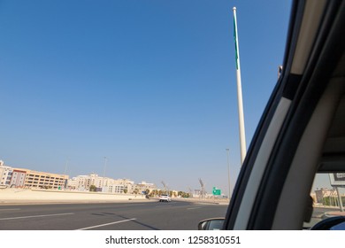 Jeddah, Saudi Arabia -12 December 2018 Saudi Arabia Big National Flag Waving In The Jeddah Flagpole Is A Flagpole In King Abdullah Square In Jeddah, Saudi Arabia