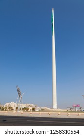 Jeddah, Saudi Arabia -12 December 2018 Saudi Arabia Big National Flag Waving In The Jeddah Flagpole Is A Flagpole In King Abdullah Square In Jeddah, Saudi Arabia