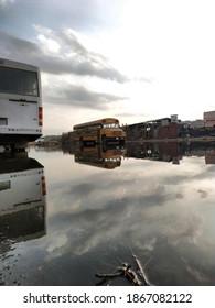 JEDDAH, SAUDI ARABIA - 3.2020 DECEMBER: Bus Breaks Down On The Water That Rained Overnight In Ar-Rayaan District