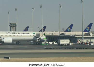 JEDDAH, SAUDI ARABIA – DECEMBER 22, 2018: Multiple SAUDIA Airplanes On The King Abdulaziz International Airport