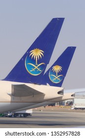 JEDDAH, SAUDI ARABIA – DECEMBER 22, 2018: Two SAUDIA Airplanes On The King Abdulaziz International Airport