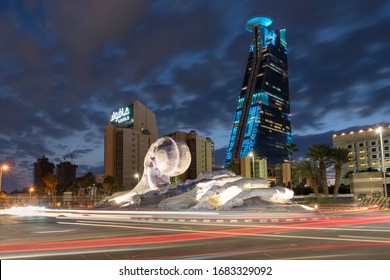 Jeddah, Saudi Arabia - December 30, 2019: Night View To Octopus Statue In Front Of The Headquarters Business Park