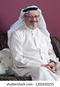 JEDDAH, SAUDI ARABIA - JAN 13, 2016: Portrait Of - Washington Post's - Saudi Journalist Jamal Khashoggi At His Home.