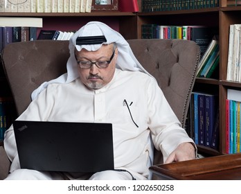 JEDDAH, SAUDI ARABIA - JAN 13, 2016: Portrait Of - Washington Post's - Saudi Journalist Jamal Khashoggi At His Home.