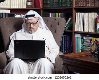 JEDDAH, SAUDI ARABIA - JAN 13, 2016: Portrait Of - Washington Post's - Saudi Journalist Jamal Khashoggi At His Home.