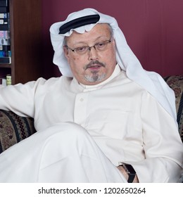 JEDDAH, SAUDI ARABIA - JAN 13, 2016: Portrait Of - Washington Post's - Saudi Journalist Jamal Khashoggi At His Home.