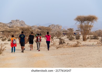 Jeddah, Saudi Arabia, March 18 2022. Hiking In The Desert Near Moon Mountain With The Hash House Harriers