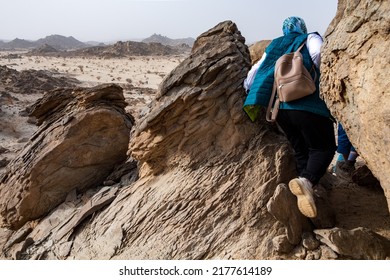 Jeddah, Saudi Arabia, March 18 2022. Hiking In The Desert Near Moon Mountain With The Hash House Harriers