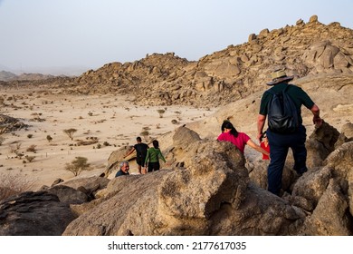 Jeddah, Saudi Arabia, March 18 2022.Hiking In The Desert Near Moon Mountain With The Hash House Harriers