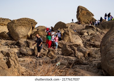 Jeddah, Saudi Arabia, March 18 2022.Hiking In The Desert Near Moon Mountain With The Hash House Harriers