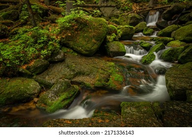 Jedlova creek in Jizerske mountains in spring cloudy morning - Shutterstock ID 2171336143