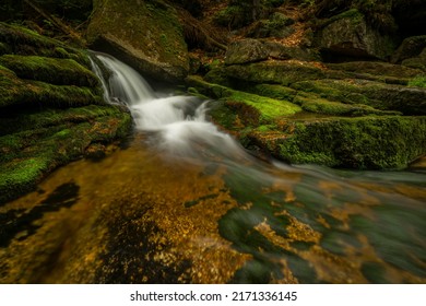 Jedlova creek in Jizerske mountains in spring cloudy morning - Shutterstock ID 2171336145