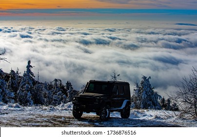 Jeep Car Adventure In The Snow Mountain. Off Road Jeep Expedition To The Winter Snow Mountain Road. Off-road Racing On Offroad Car