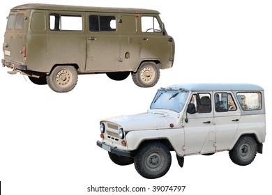 Jeep And Military Bus Under The White Background