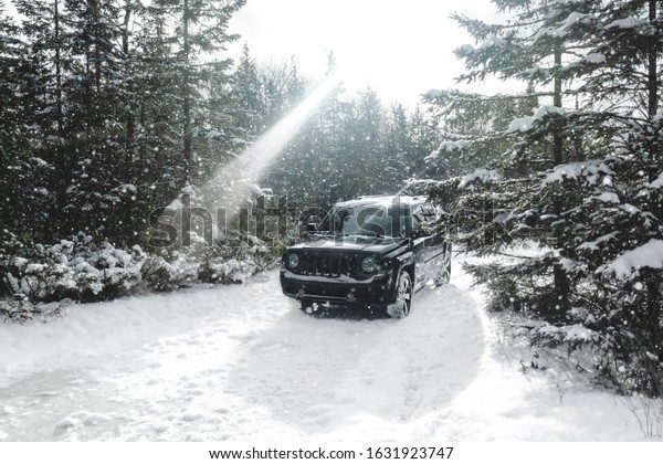 A jeep / truck driving while it\'s snowing\
through a forest, Blizzard in a remote area, driving in the snow.\
Michigan and Canada. Tall pine\
trees