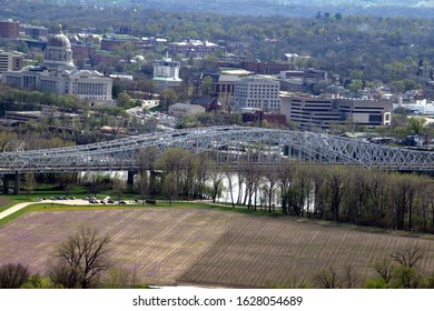 Jefferson City Missouri/USA/April 11, 2015 Arial View Of Missouri State Capitol, Bridge And Downtown