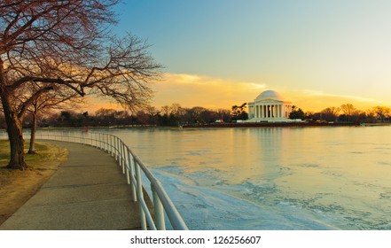 Jefferson Memorial and a frozen Potomac at sunset. Washington, DC