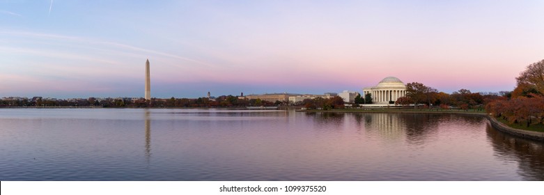 Jefferson Memorial And Washington Monument Reflected On Tidal Basin In The Evening, Washington DC, USA. Panoramic Image