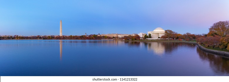 Jefferson Memorial And Washington Monument Reflected On Tidal Basin In The Evening, Washington DC, USA. Panoramic Image