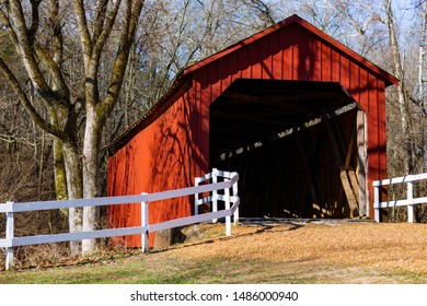 Jefferson, Missouri - March 24 2019: The Entrance To The Historic Sandy Creek Covered Bridge, First Built 1886.